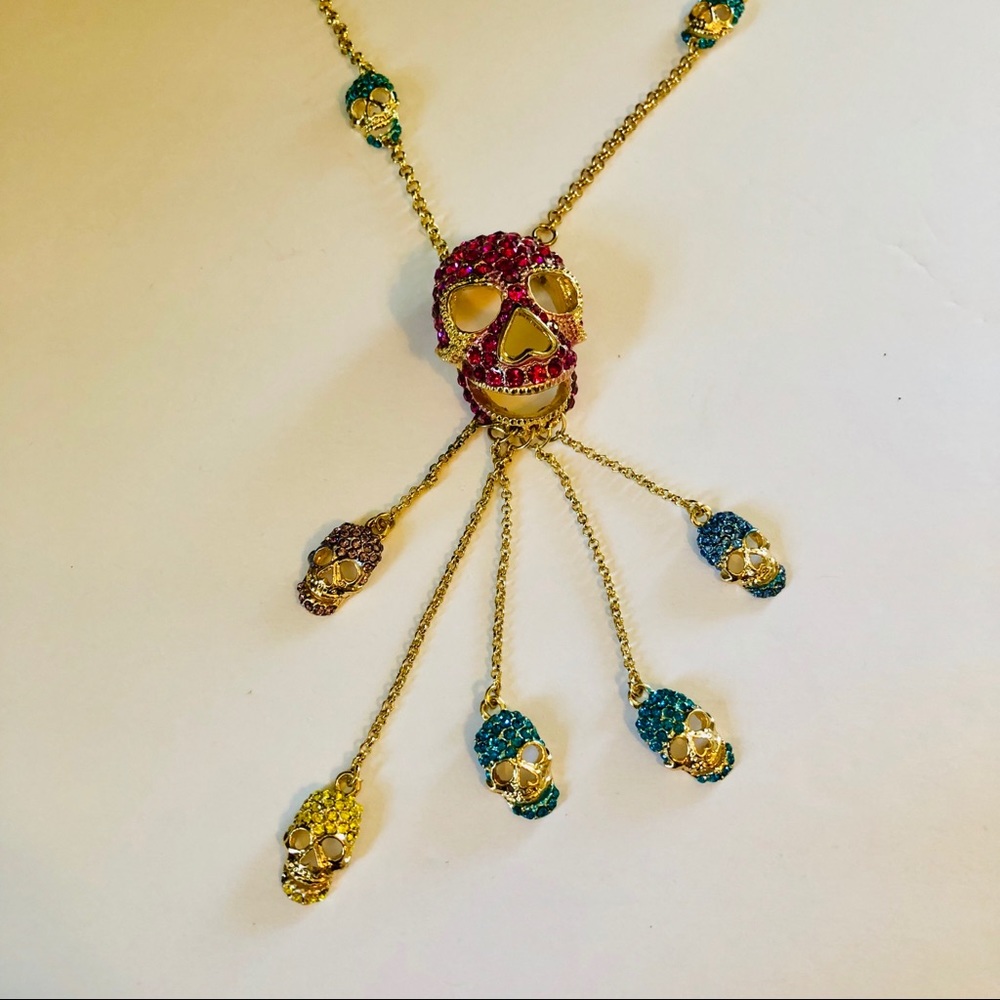 Long multicolor rhinestone dangling skull necklace